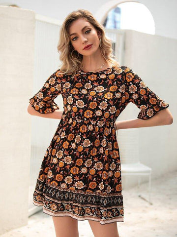 Floral And Tribal Babydoll Dress - takostyle