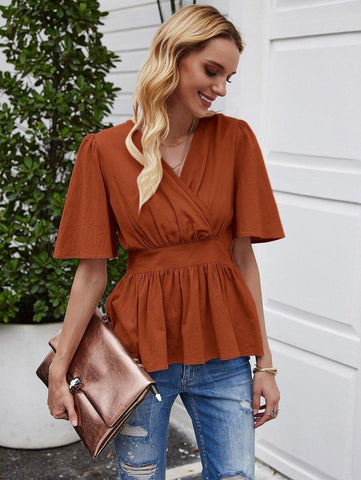 Solid Surplice Front Babydoll Blouse - takostyle