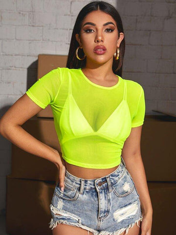 Neon Lime Sheer Mesh Crop Top Without Bra - takostyle