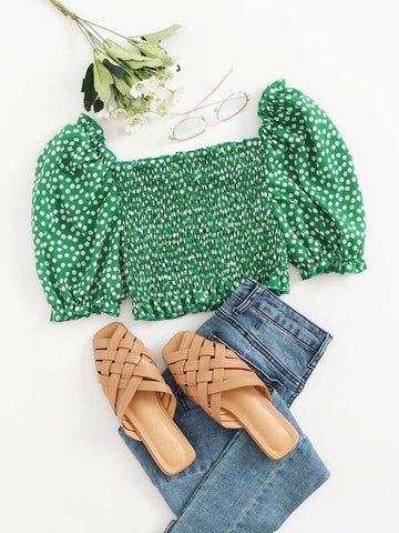 Daisy Floral Puff Sleeve Shirred Top - takostyle