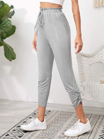 Knotted Paperbag Waist Ruched Hem Pants - takostyle
