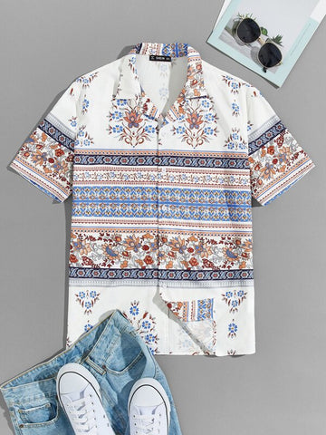 Men Revere Collar Tribal Print Shirt
