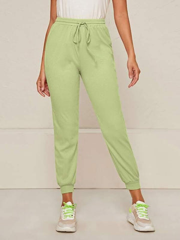 Solid Rib-knit Drawstring Waist Sweatpants - takostyle
