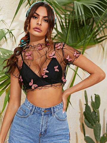 Mock-Neck Lettuce Trim Butterfly Appliques Mesh Top Without Bra - takostyle