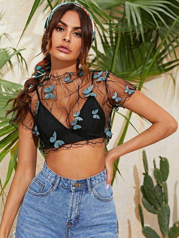 Mock-Neck Lettuce Trim Butterfly Appliques Mesh Top Without Bra - takostyle