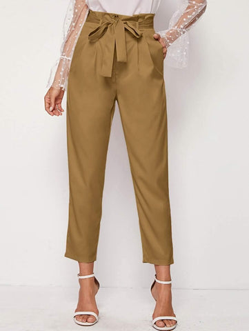 Paperbag Waist Self Belted Slant Pocket Tailored Pants - takostyle