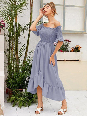 Off Shoulder Shirred Bodice Asymmetrical Ruffle Hem Dress - takostyle