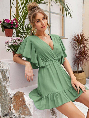 Butterfly Sleeve Flounce Hem Dress - takostyle