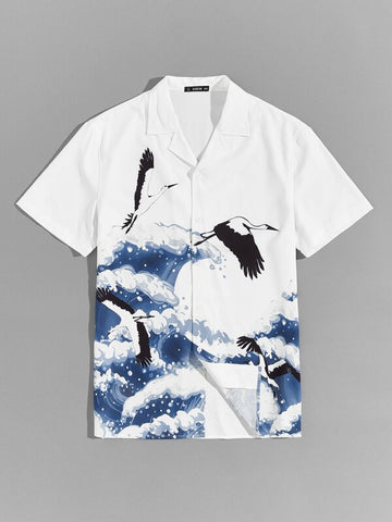 Men Birds & Wave Print Shirt