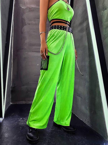 Neon Lime Velvet Wide Leg Pants Without Belt - takostyle