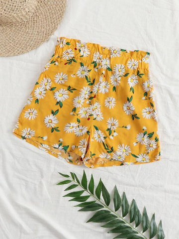 Daisy Print Paperbag Waist Shorts - takostyle