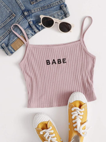 Letter Embroidered Rib-knit Crop Cami Top - takostyle
