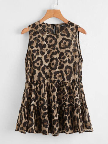 Keyhole Back Tiered Hem Leopard Chiffon Top - takostyle