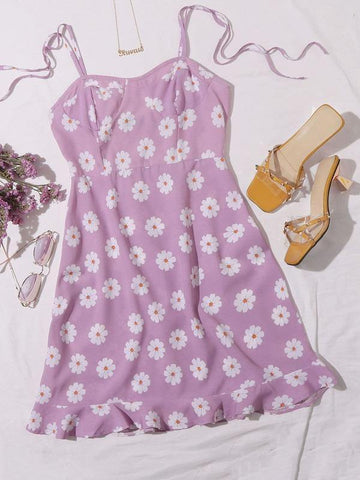 Shirred Back Ruffle Hem Daisy Floral Cami Dress - takostyle