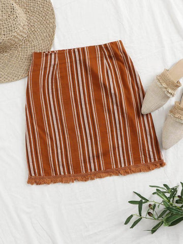 Zip Back Raw Hem Striped Skirt - takostyle
