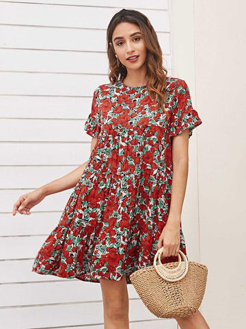 Allover Floral Ruffle Hem Smock Dress - takostyle