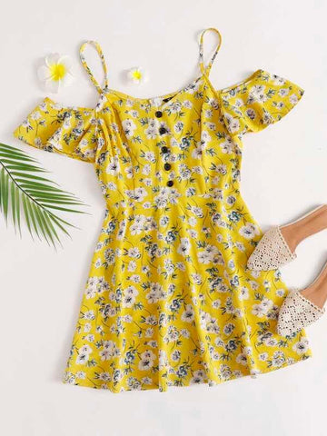 Cold Shoulder Button Front Floral Dress - takostyle