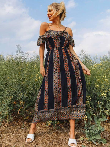 Cold Shoulder Flounce Trim Tribal Dress - takostyle