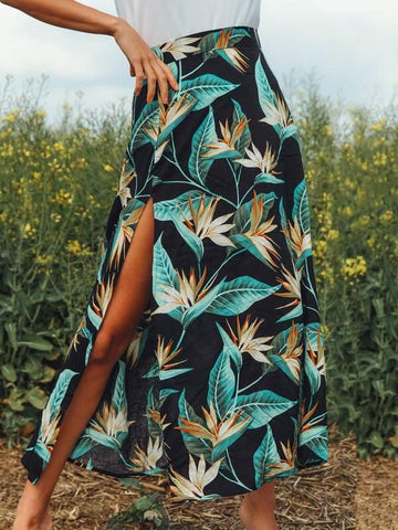 Slit Thigh Tropical Print Skirt - takostyle