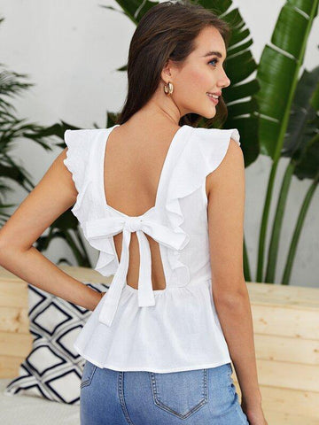 Tied Cutout Back Ruffle Armhole Peplum Top - takostyle