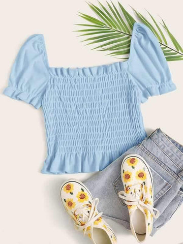 Shirred Frill Trim Square Neck Top - takostyle