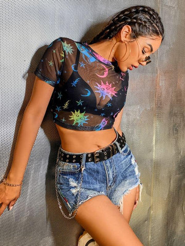 Galaxy Print Sheer Mesh Crop Top Without Bra - takostyle
