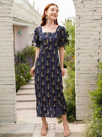 Ditsy Floral Puff Sleeve Dress - takostyle