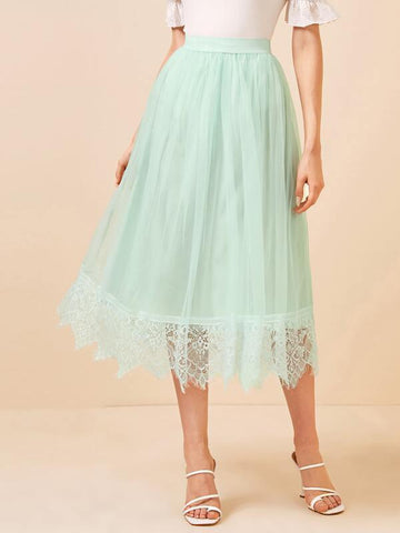Elastic Waist Lace Hem Mesh Flare Skirt - takostyle