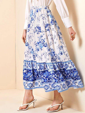 Elastic Waist Ruffle Hem Tribal Print Skirt - takostyle