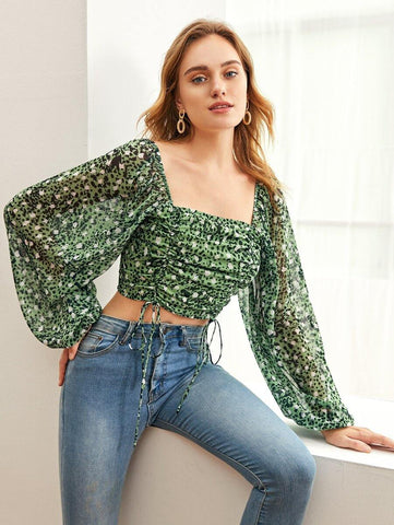 Lantern Sleeve Shirred Back Drawstring Knot Front Allover Print Top - takostyle