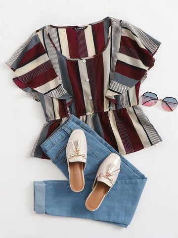 Buttoned Front Ruffle Trim Striped Peplum Top - takostyle