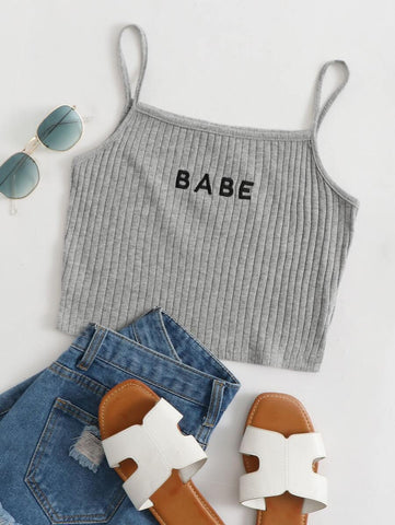 Letter Embroidery Rib-knit Crop Cami Top - takostyle