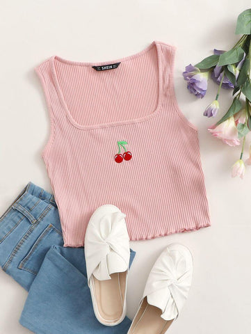 Lettuce Trim Rib-knit Cherry Embroidered Tank Top - takostyle