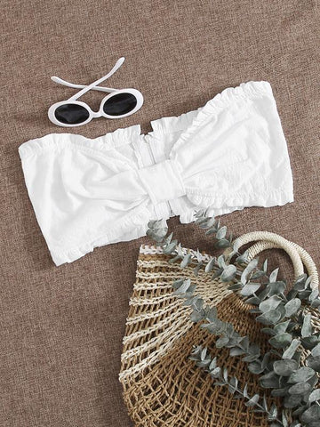 Zip Back Frill Trim Ruched Bandeau Top - takostyle