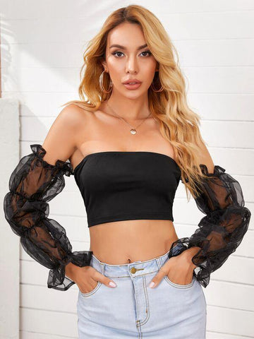 Sheer Mesh Gather Sleeve Crop Top - takostyle