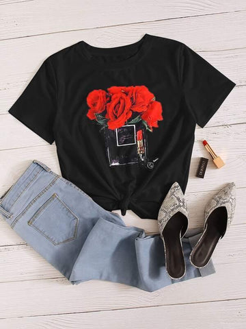 Floral And Lipstick Print Tee - takostyle