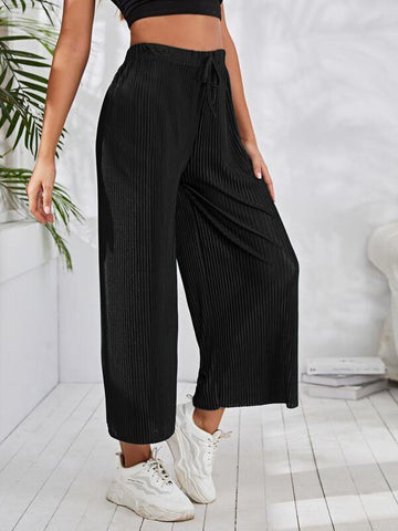 Drawstring Pleated Wide Leg Pants - takostyle