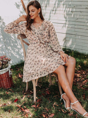 Simplee Layered Ruffle Trim Belted Floral Dress - takostyle