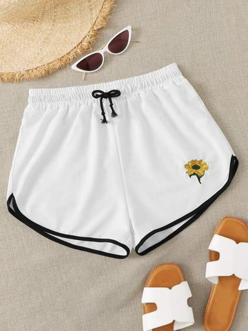 Contrast Binding Daisy Embroidery Track Shorts - takostyle