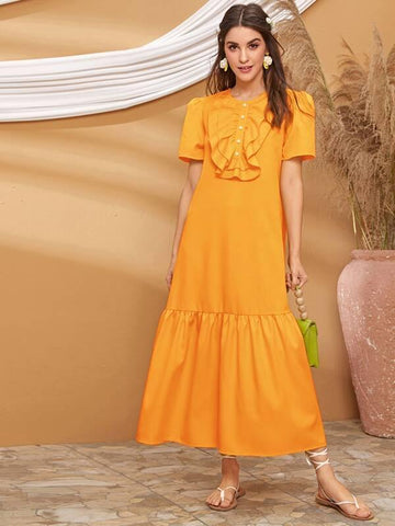 Solid Ruffle Trim Babydoll Dress - takostyle