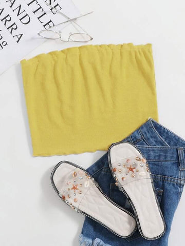 Frill Trim Rib-knit Tube Top - takostyle