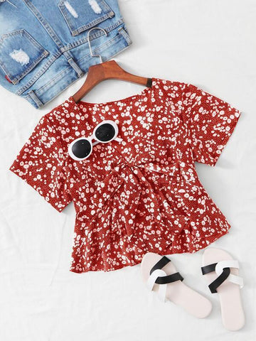 Knot Front Ruffle Hem Ditsy Floral Top - takostyle