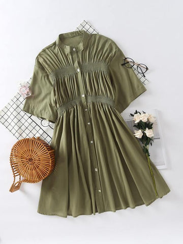 Button Front Shirred Ruched Shirt Dress - takostyle
