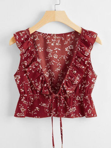 Plunging Neck Ruffle Trim Ditsy Floral Top - takostyle