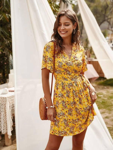 Floral Surplice Front Tie Side Dress - takostyle