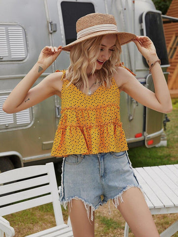 Confetti Heart Print Frill Trim Cami Top - takostyle