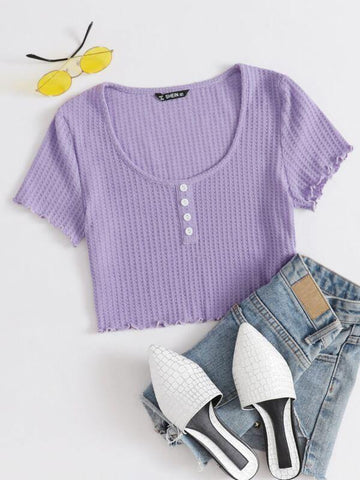 Lettuce Trim Buttoned Waffle Knit Crop Top - takostyle