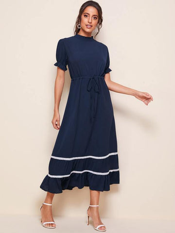 Contrast Lace Drawstring Frill Neck Chiffon Dress - takostyle