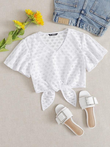 Tie Hem Laser Cut Crop Top - takostyle