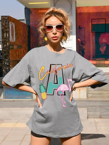 Letter & Flamingo Print Drop Shoulder Tee - takostyle